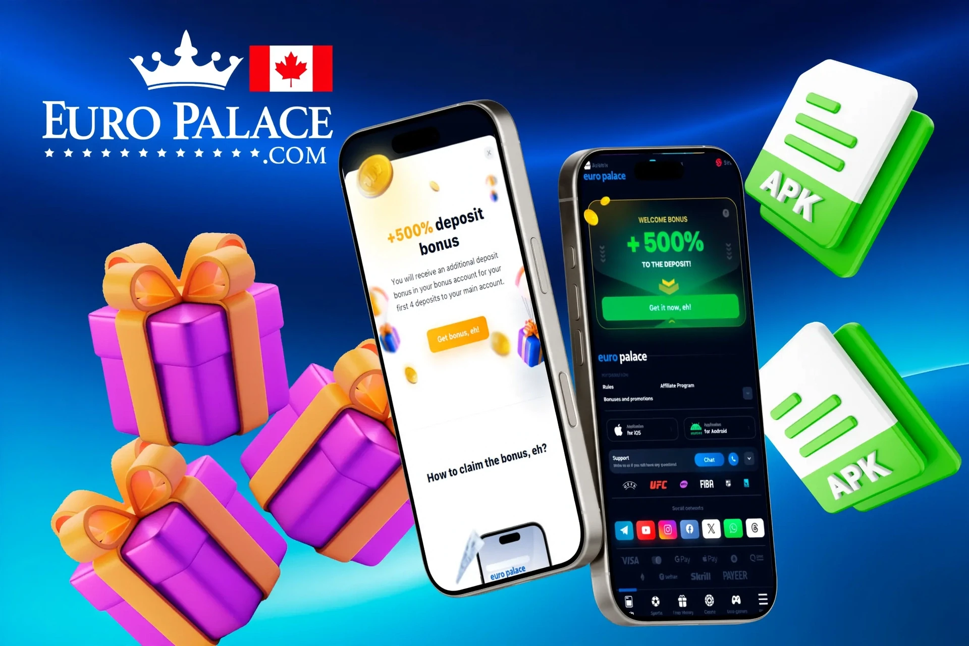 Euro Palace Casino mobile app promotion with 200% welcome bonus up to €500 and gift box illustration