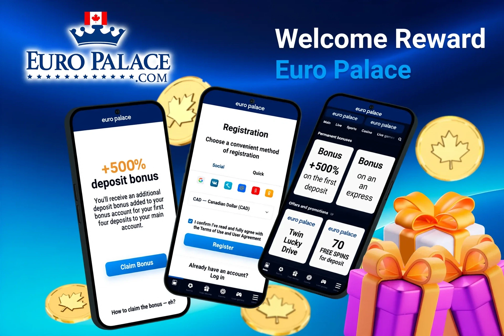 Mobile screens displaying Euro Palace Casino registration and 500% deposit bonus with gift boxes