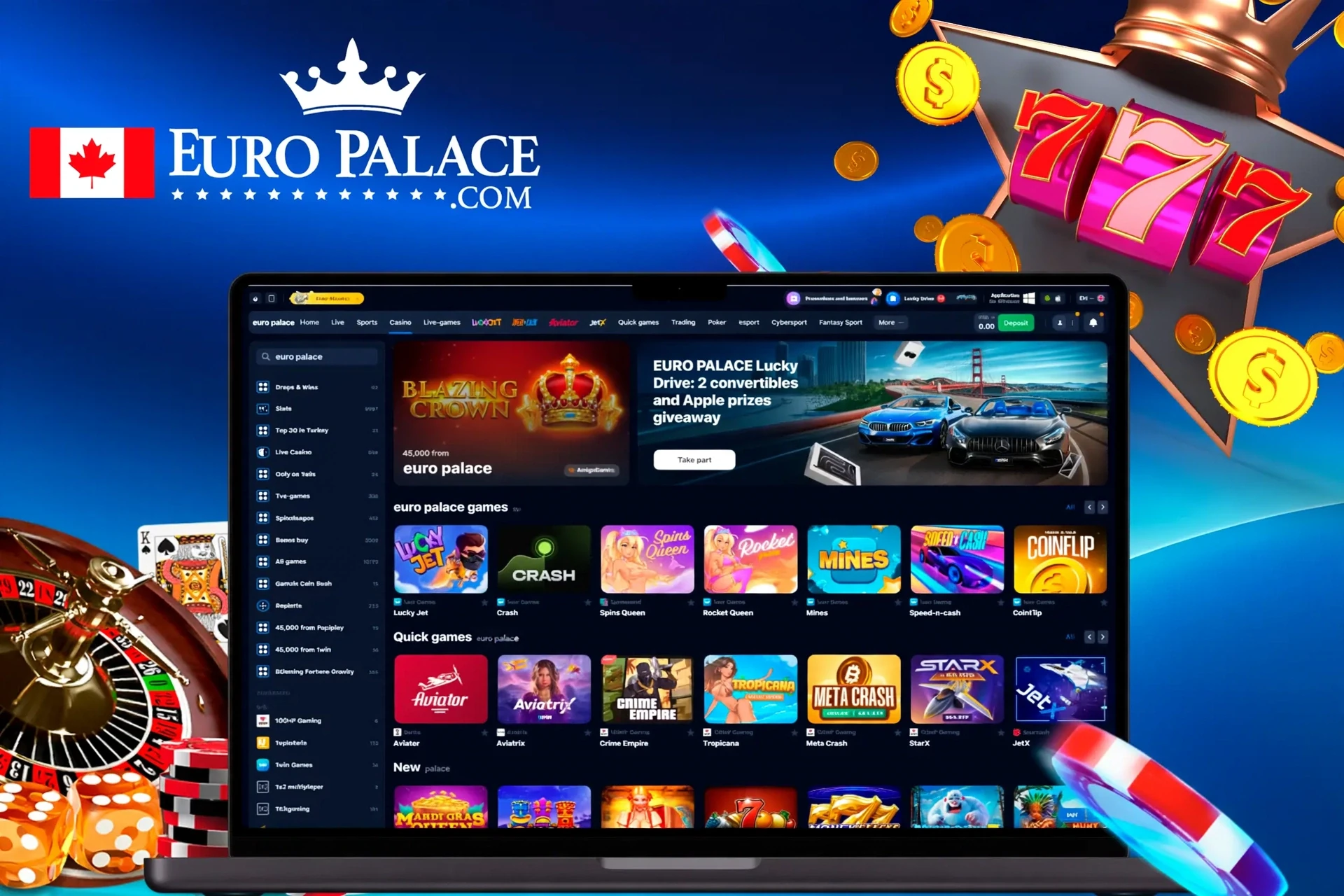 Casino homepage with various slot and crash games, including Lucky Jet and Blazing Crown