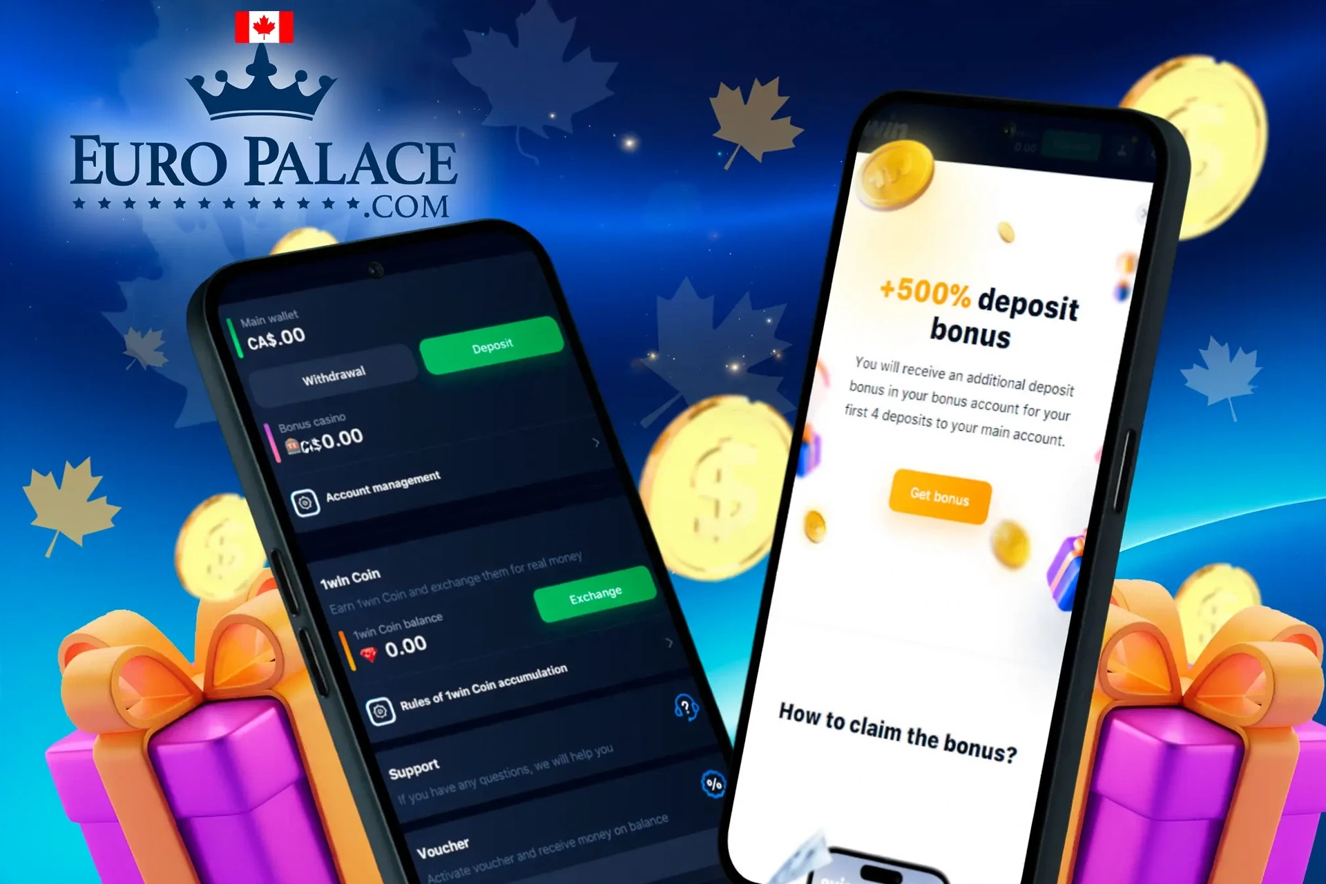 deposit and withdrawal screen showing wallet balance, account management options, and a 500% deposit bonus offer
