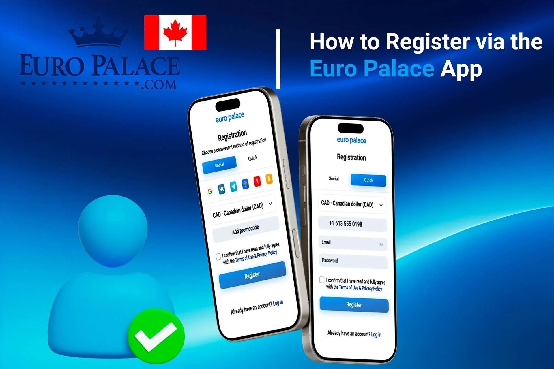 Registration process on the Euro Palace mobile app with social login options