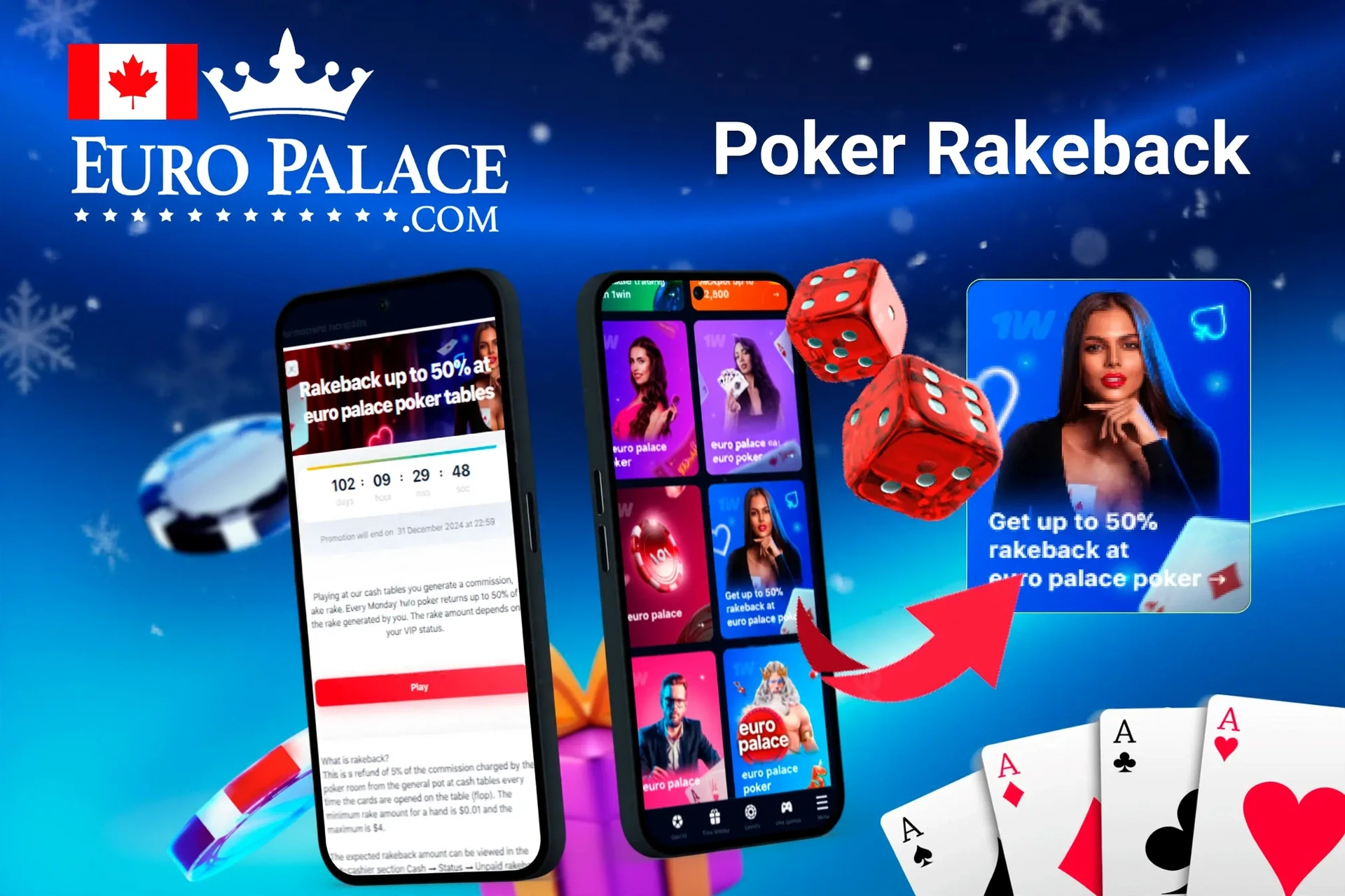 Mobile app with Euro Palace Casino poker rakeback offer up to 50%, red dice, and playing cards