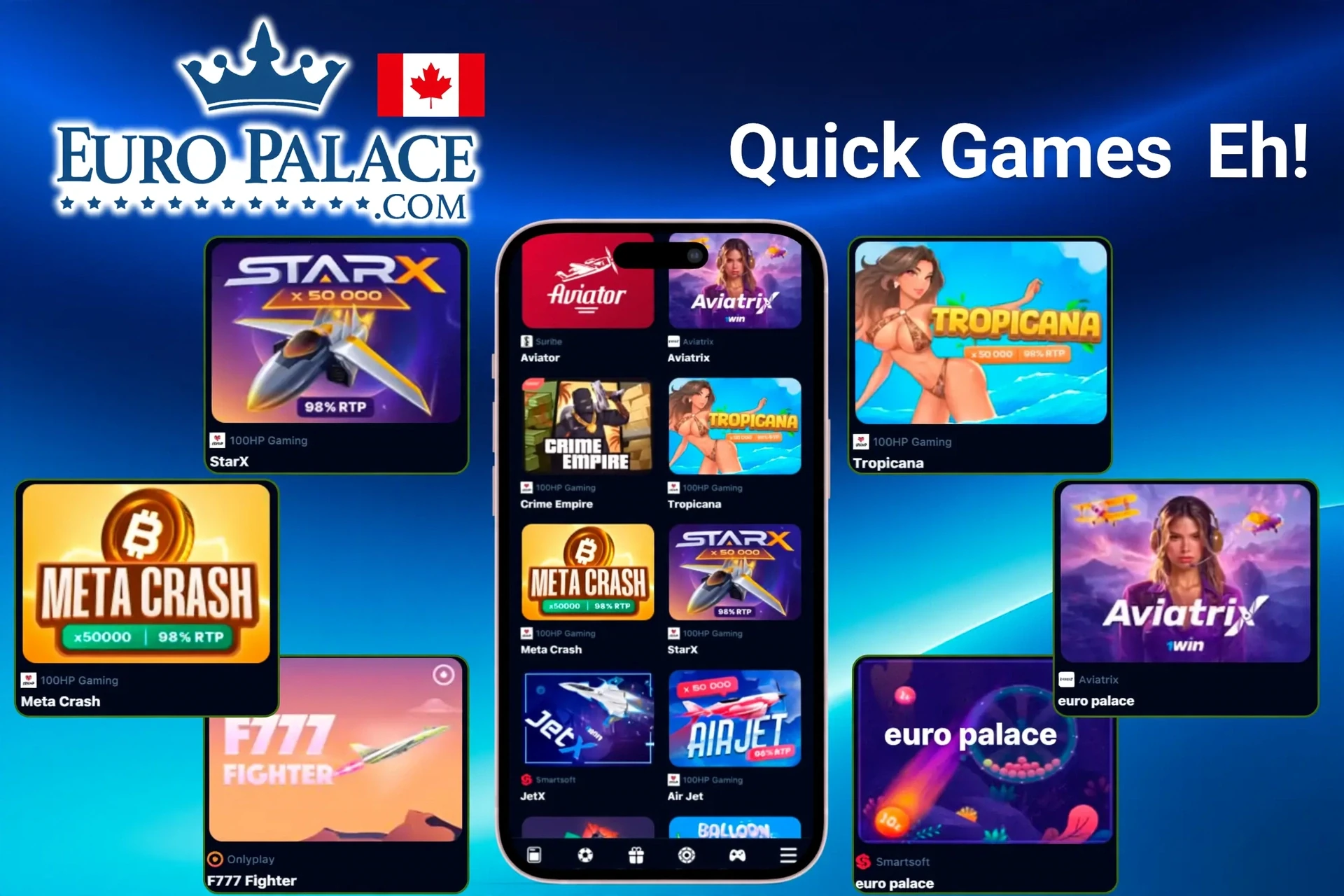 Quick games such as StarX, Tropicana, Meta Crash, and PlinkoX featured on Euro Palace Casino's mobile interface