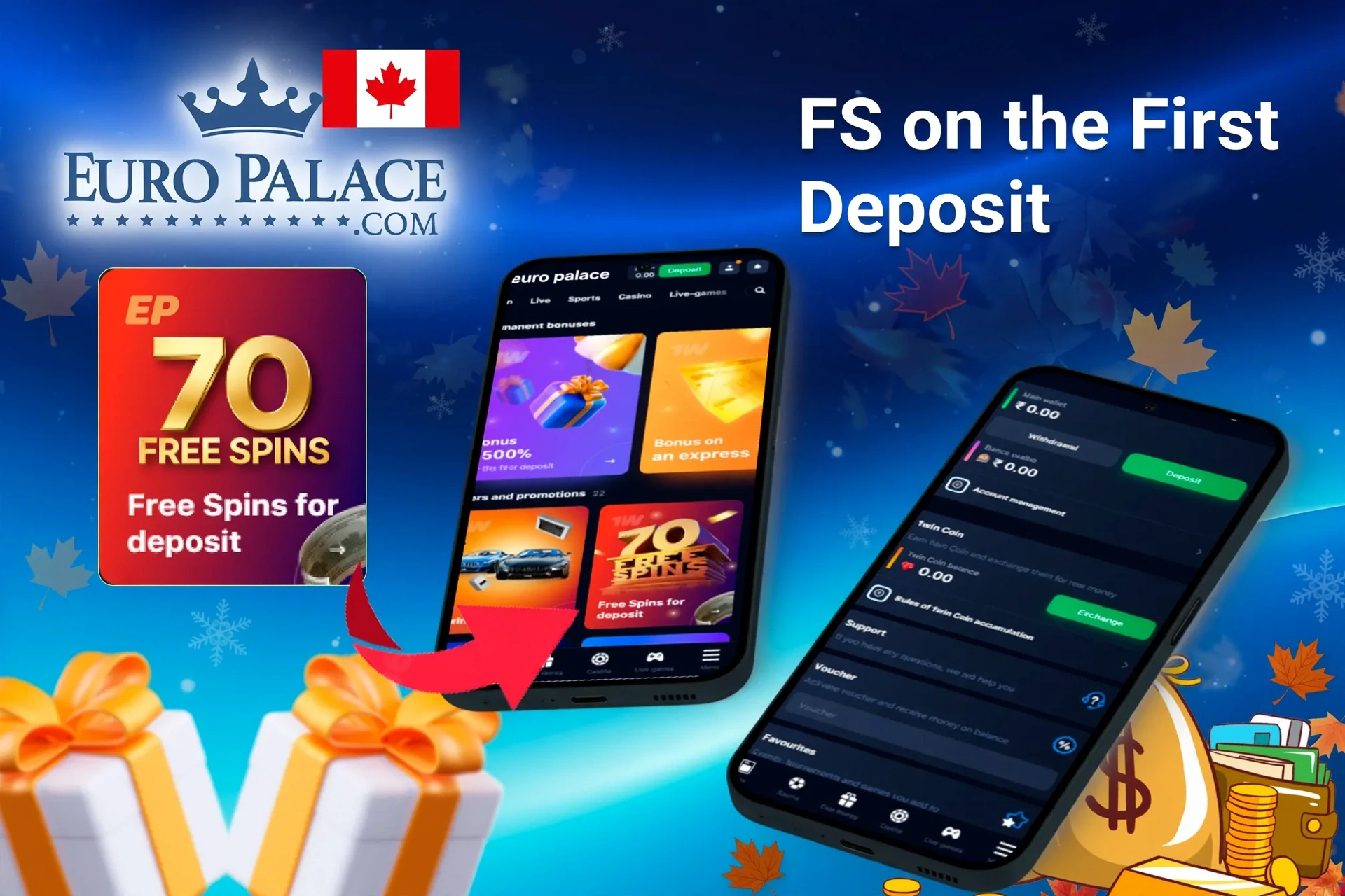Mobile app showing casino game offers like loyalty program and free spins with poker chips and cards