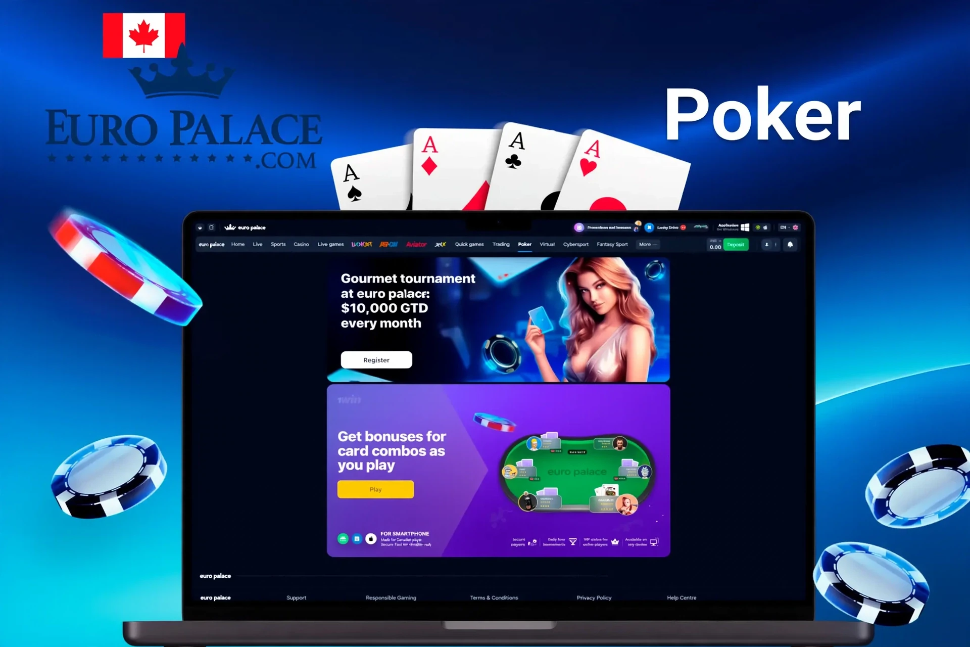 Euro Palace Casino poker promotion featuring a gourmet tournament with $10,000 guaranteed prize and bonuses for card combos