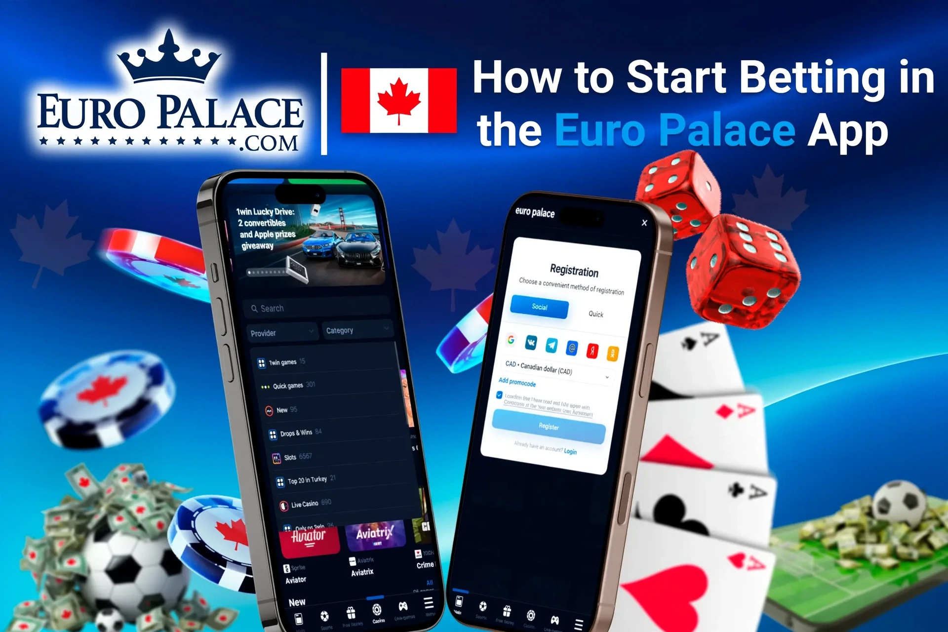Step-by-step guide to starting betting on the app, with registration and game selection shown on mobile screens