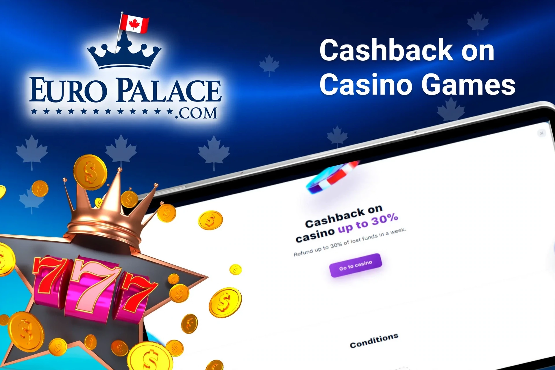 Mobile app with Euro Palace Casino poker rakeback offer up to 50%, red dice, and playing cards