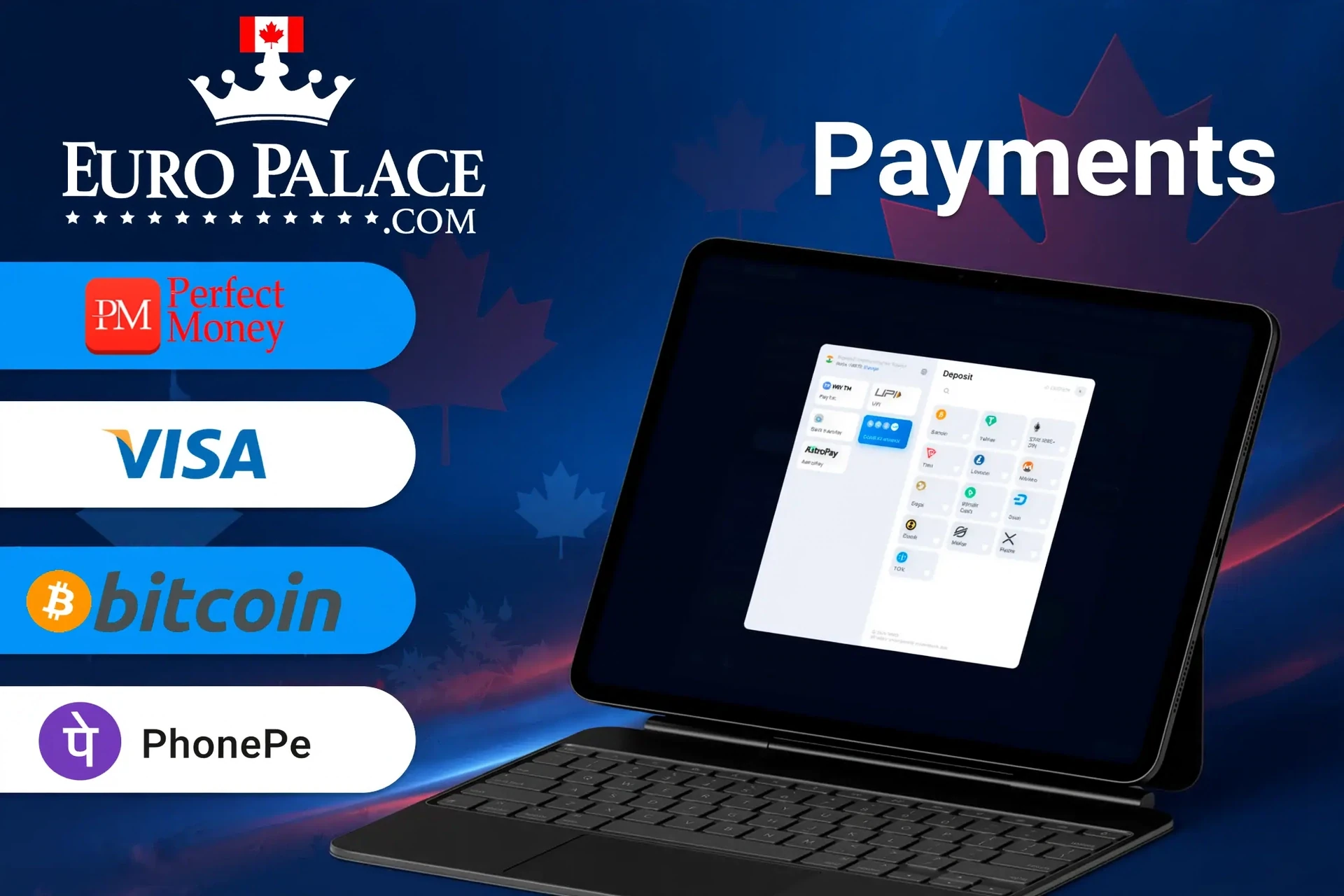 Euro Palace Casino payment methods including Perfect Money, Visa, Bitcoin, and Interac for quick and secure transactions