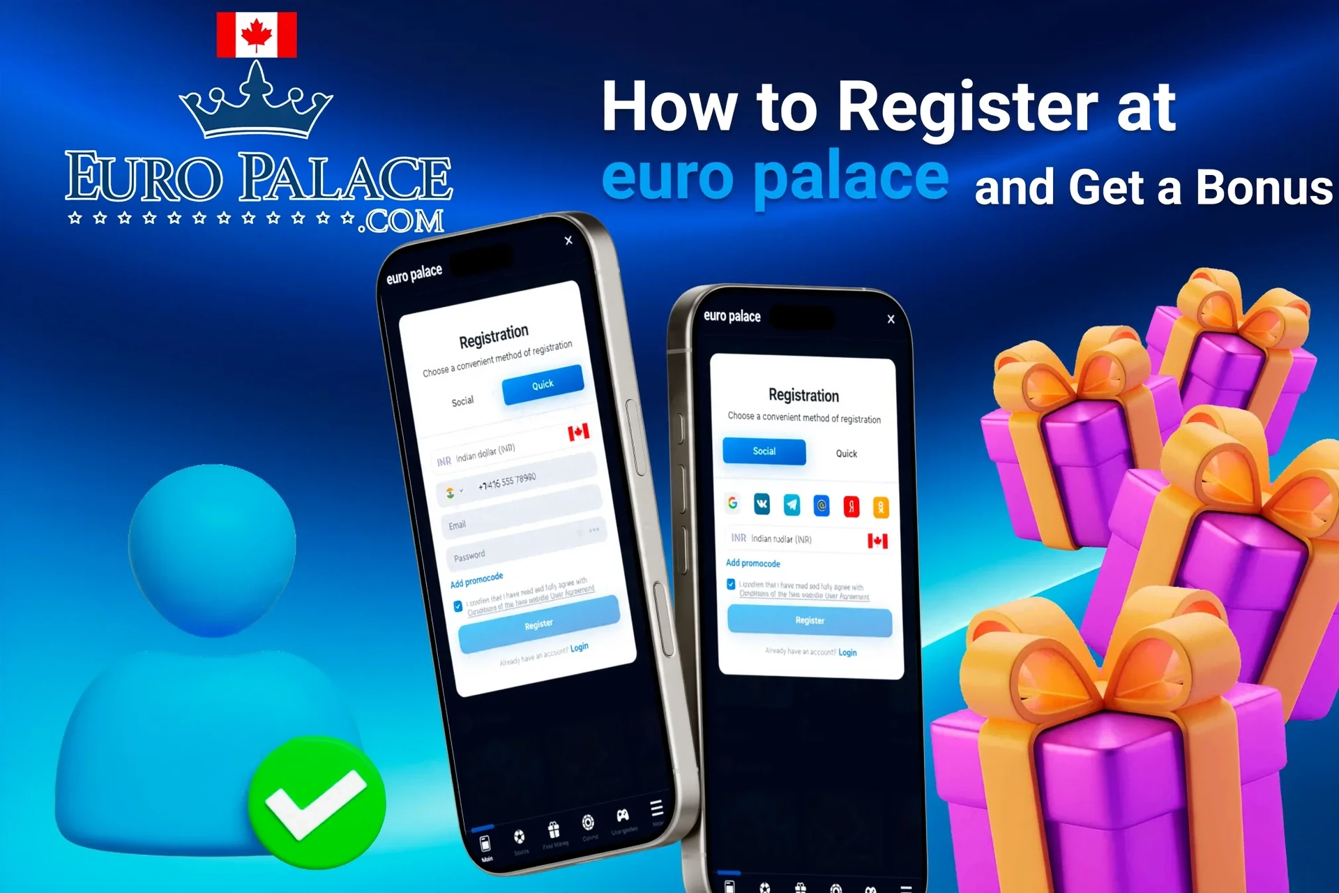 Mobile registration page for Euro Palace Casino showing bonus offers with purple and gold gift boxes
