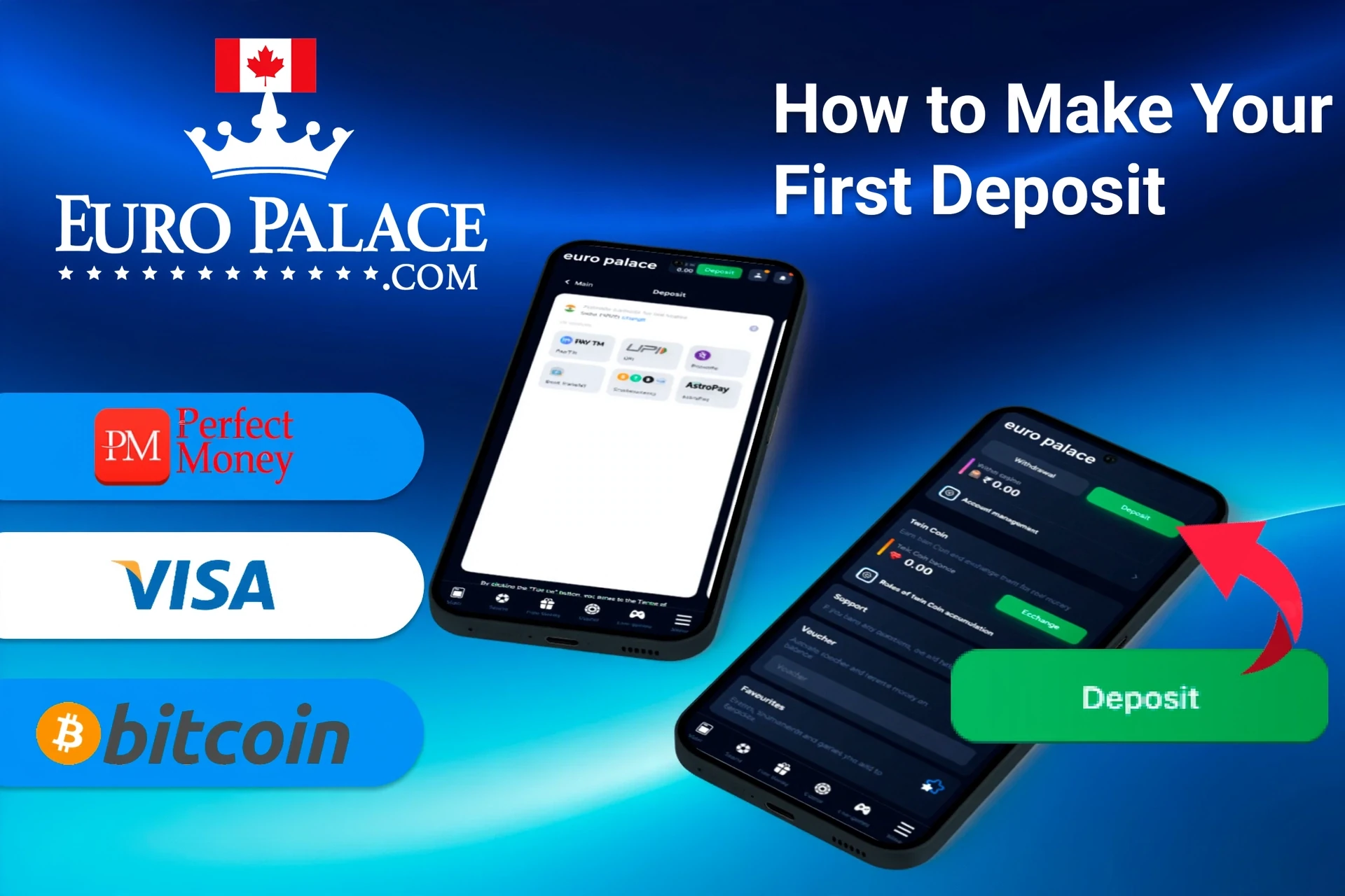 mobile app with deposit options including Perfect Money, Visa, and Bitcoin, along with deposit button