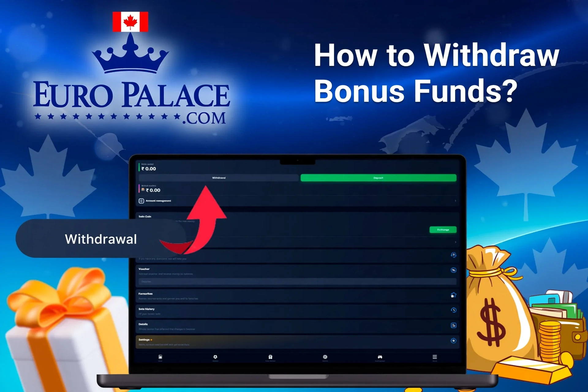 Laptop screen showing Euro Palace Casino withdrawal options with money bags and gift boxes in the background