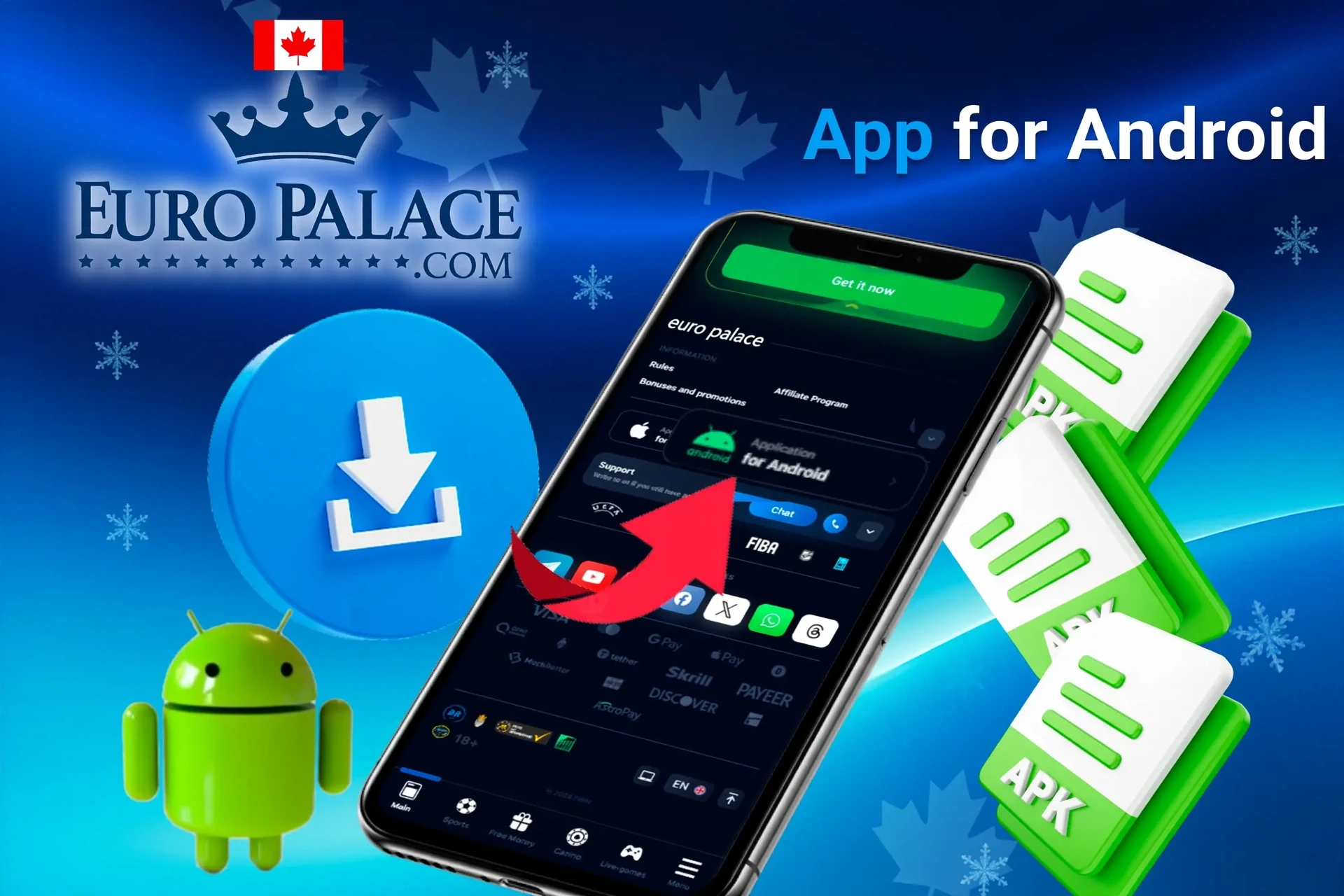 App for Android download process with APK file icons and Android mascot