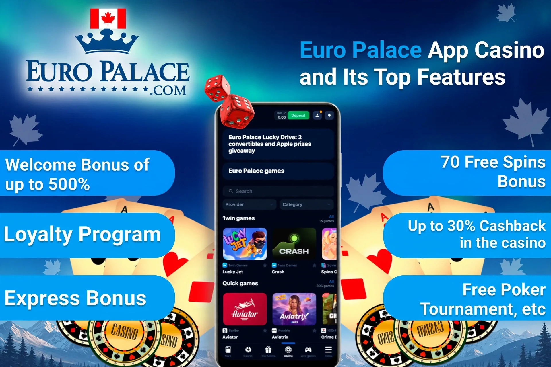 Euro Palace Casino app top features including welcome bonus, loyalty program, and express bonus on mobile interface