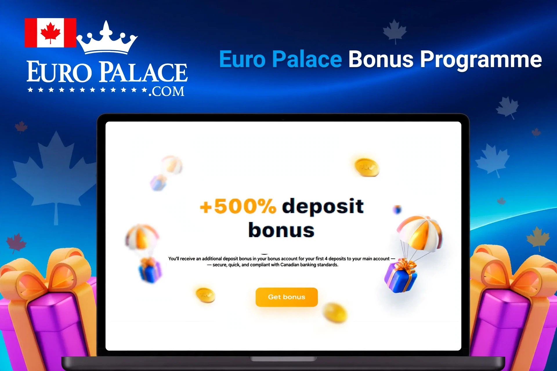 Laptop showing bonus offer of +500% deposit bonus with floating coins and gifts