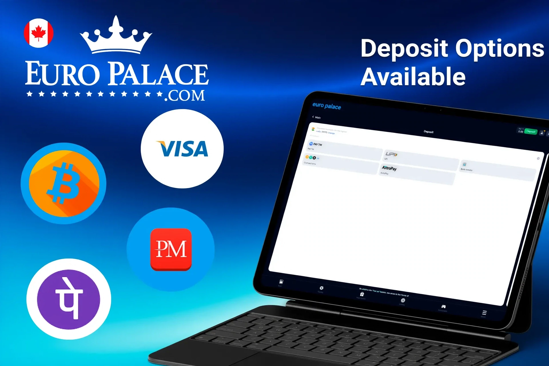 Deposit options available on 1Win platform, including Bitcoin, Visa, PayTM, and Perfect Money, displayed on a tablet