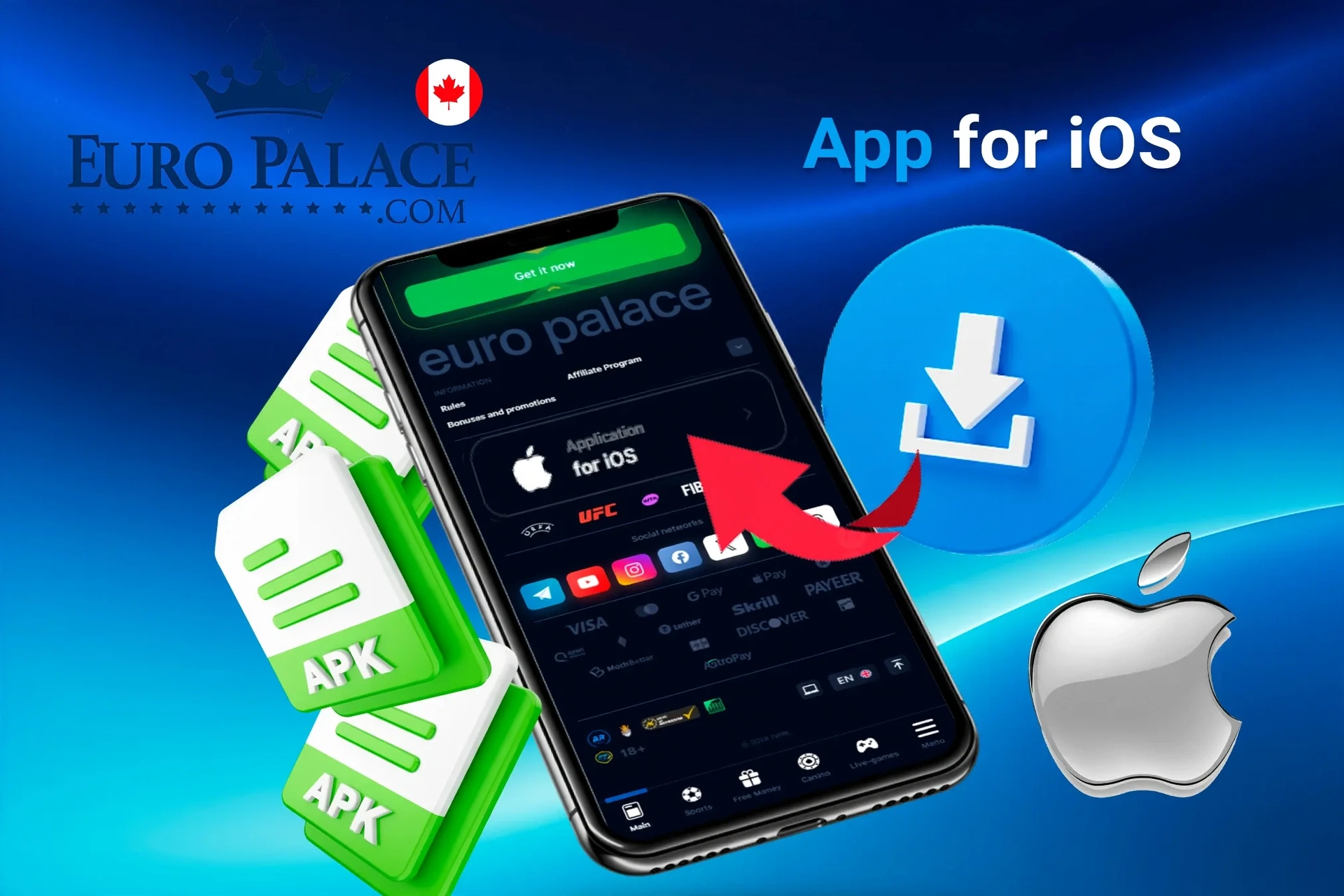 iOS app download screen with APK file icons and Apple logo