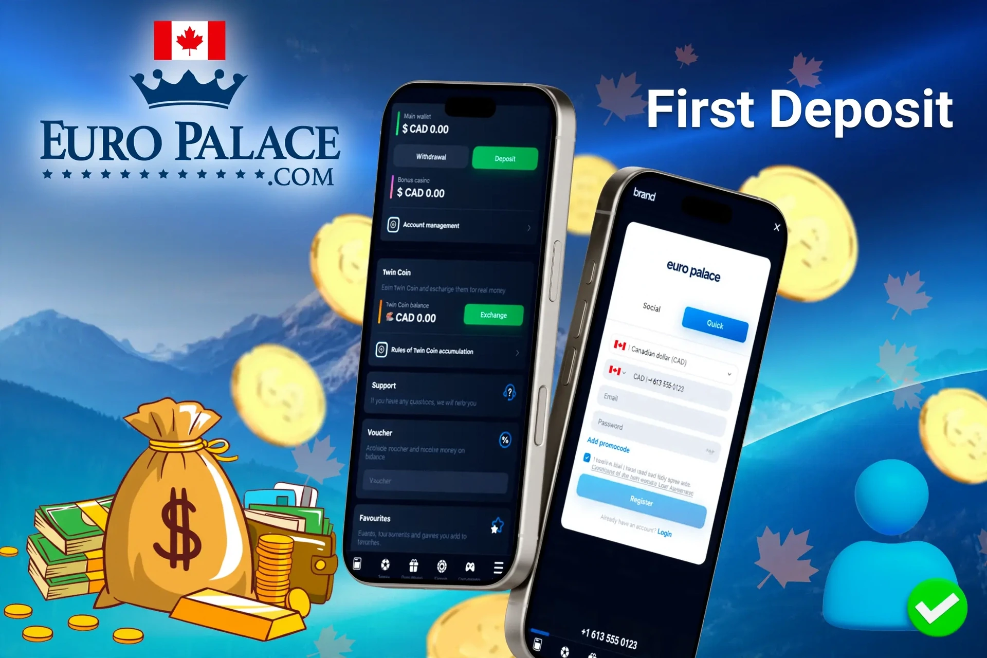 mobile interface showing steps to make the first deposit at Euro Palace Casino, with icons for payment options and bonus registration
