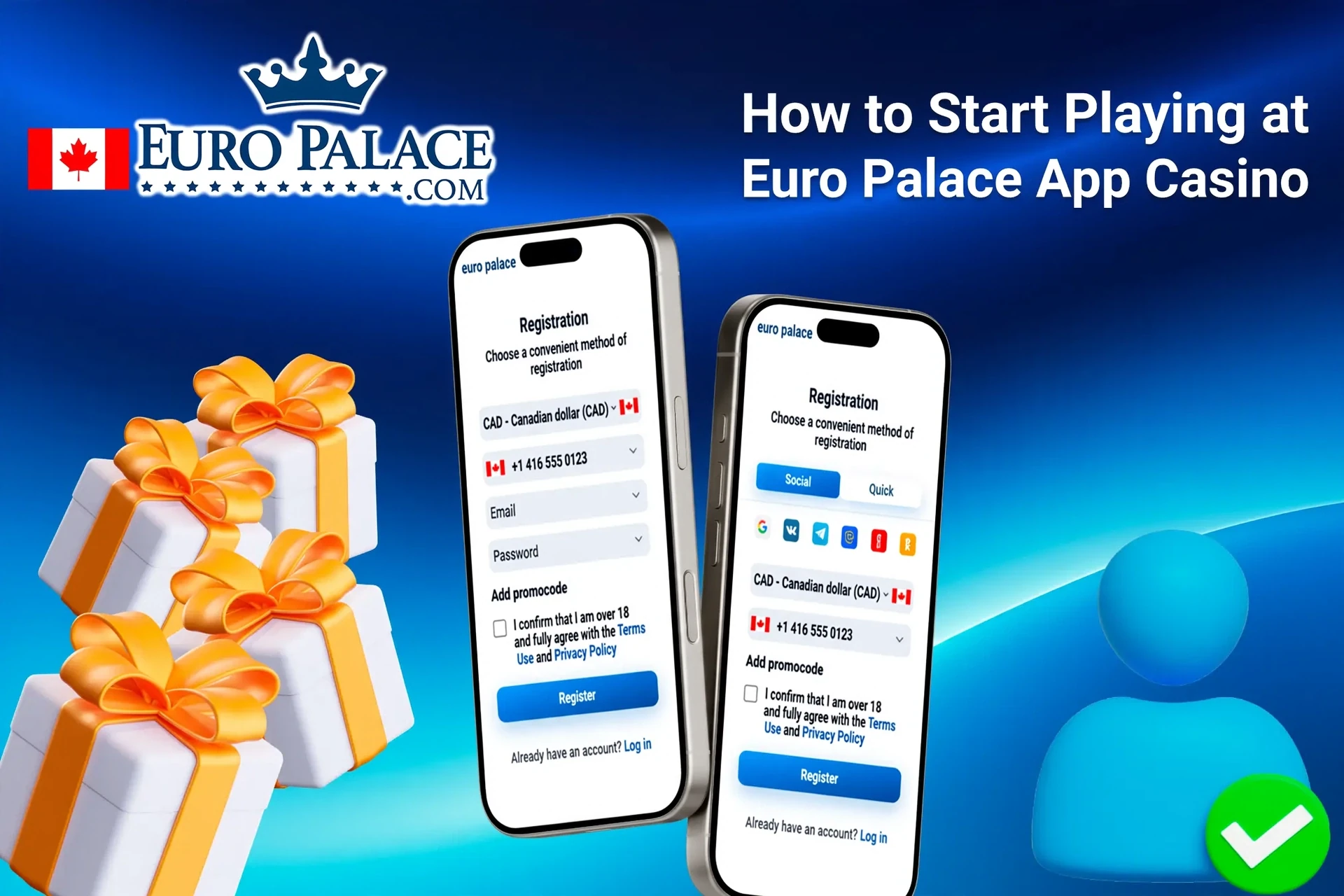 Euro Palace app registration screen on mobile with easy-to-follow steps and gift box icons
