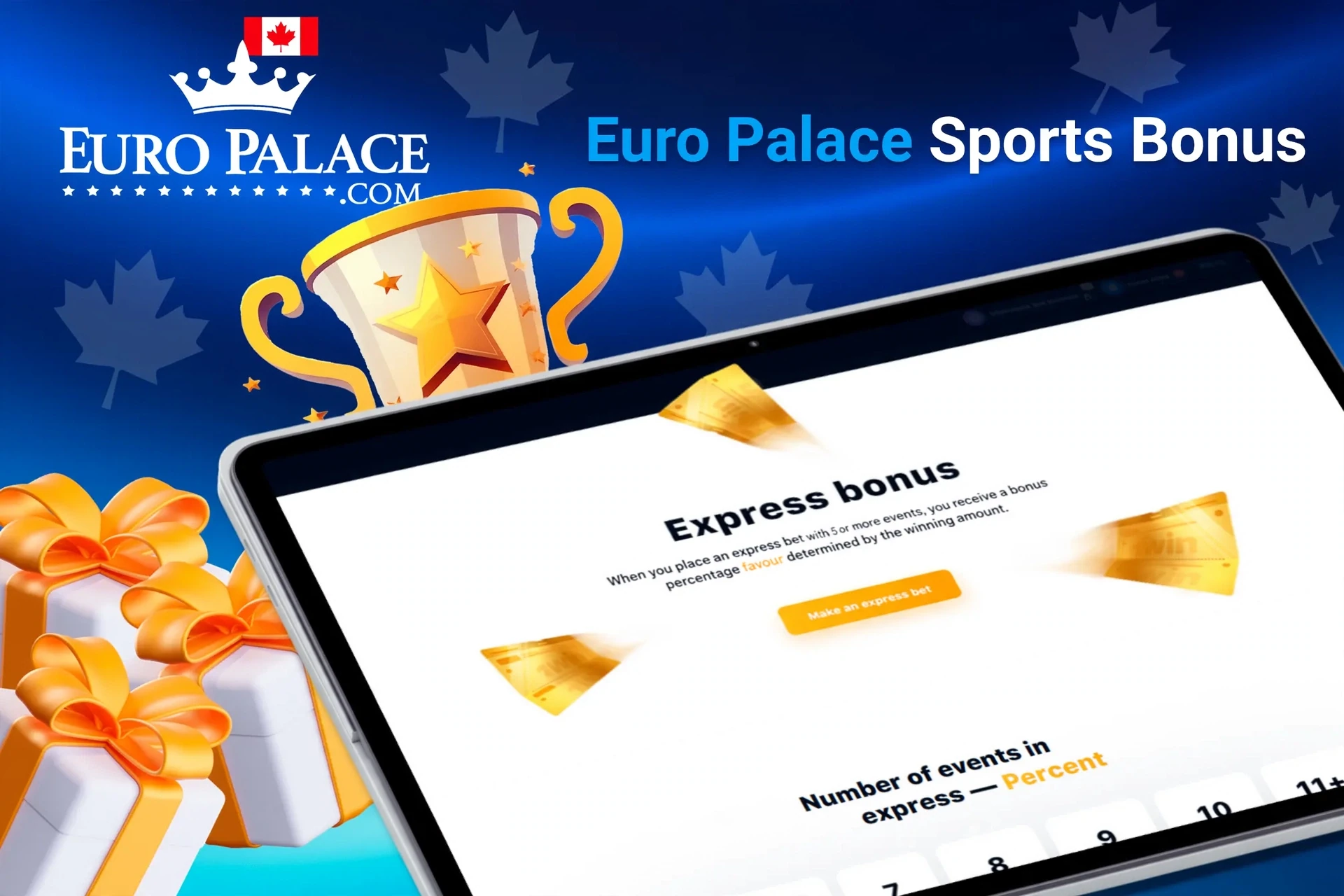 Tablet screen with express bonus offer for sports betting from Euro Palace Casino, with trophy and gift boxes.