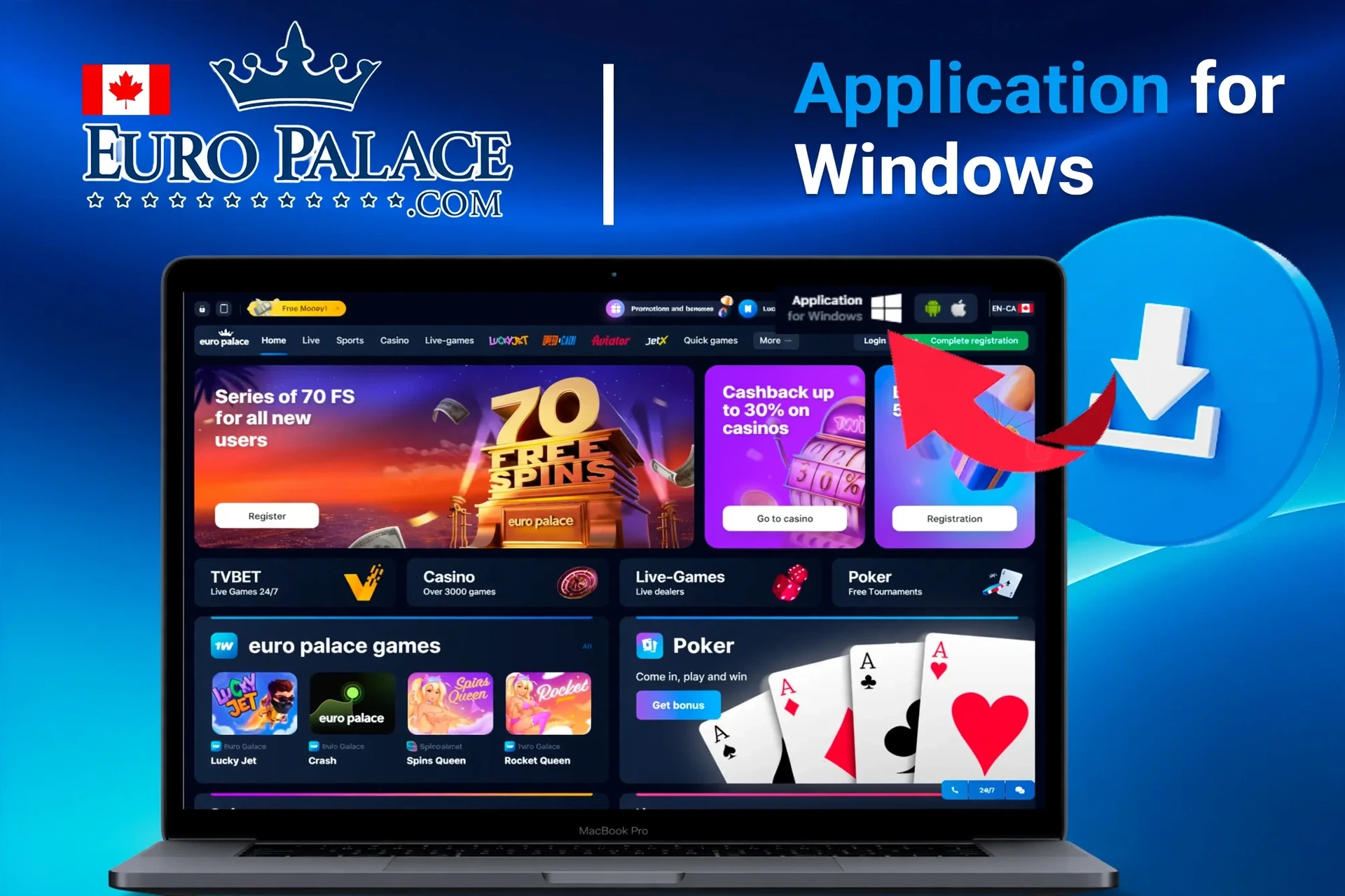 Application for Windows with download instructions and 70 free spins promotion