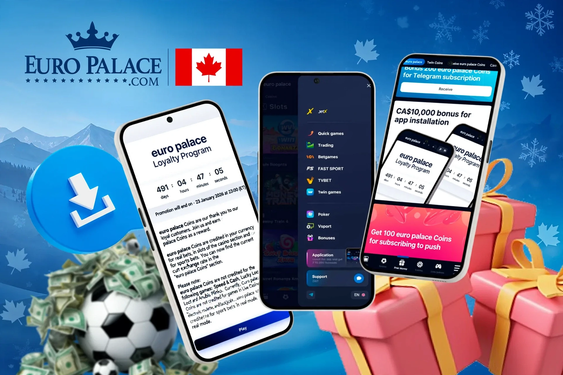Mobile screens showing loyalty program, app installation bonus, and football icon with download button