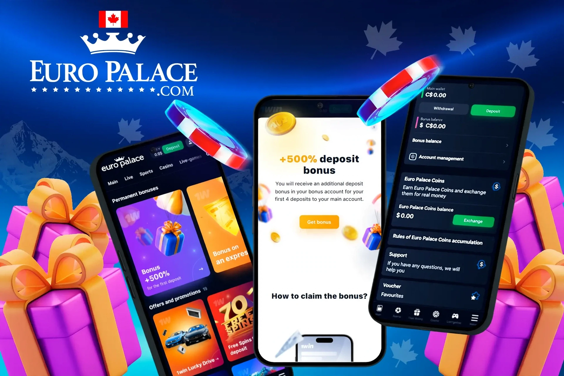 app showing instructions to claim a 500% deposit bonus on mobile with colorful gaming elements
