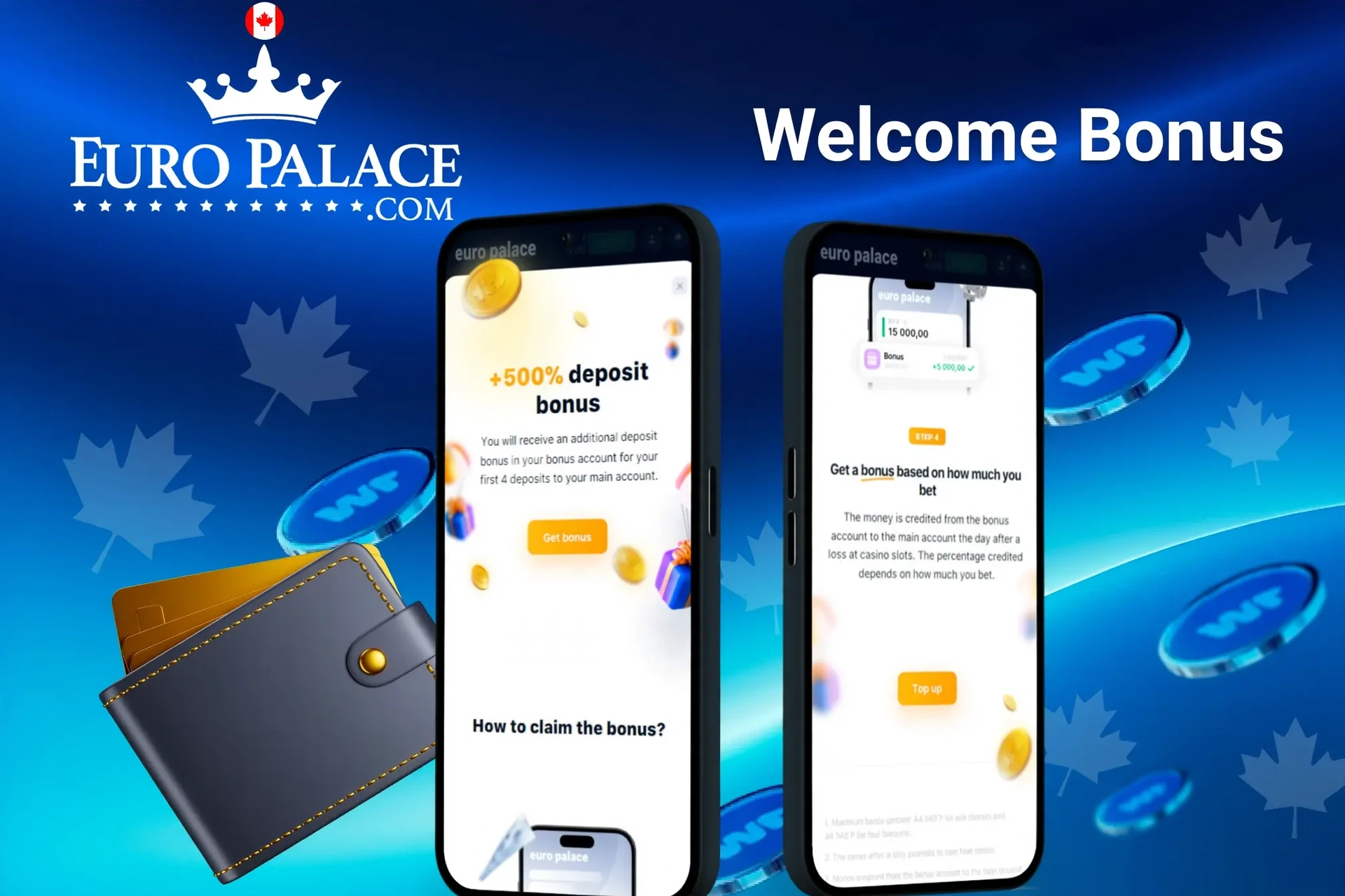 Euro Palace Casino welcome bonus screen with +200% deposit bonus for new players, displayed on two mobile screens