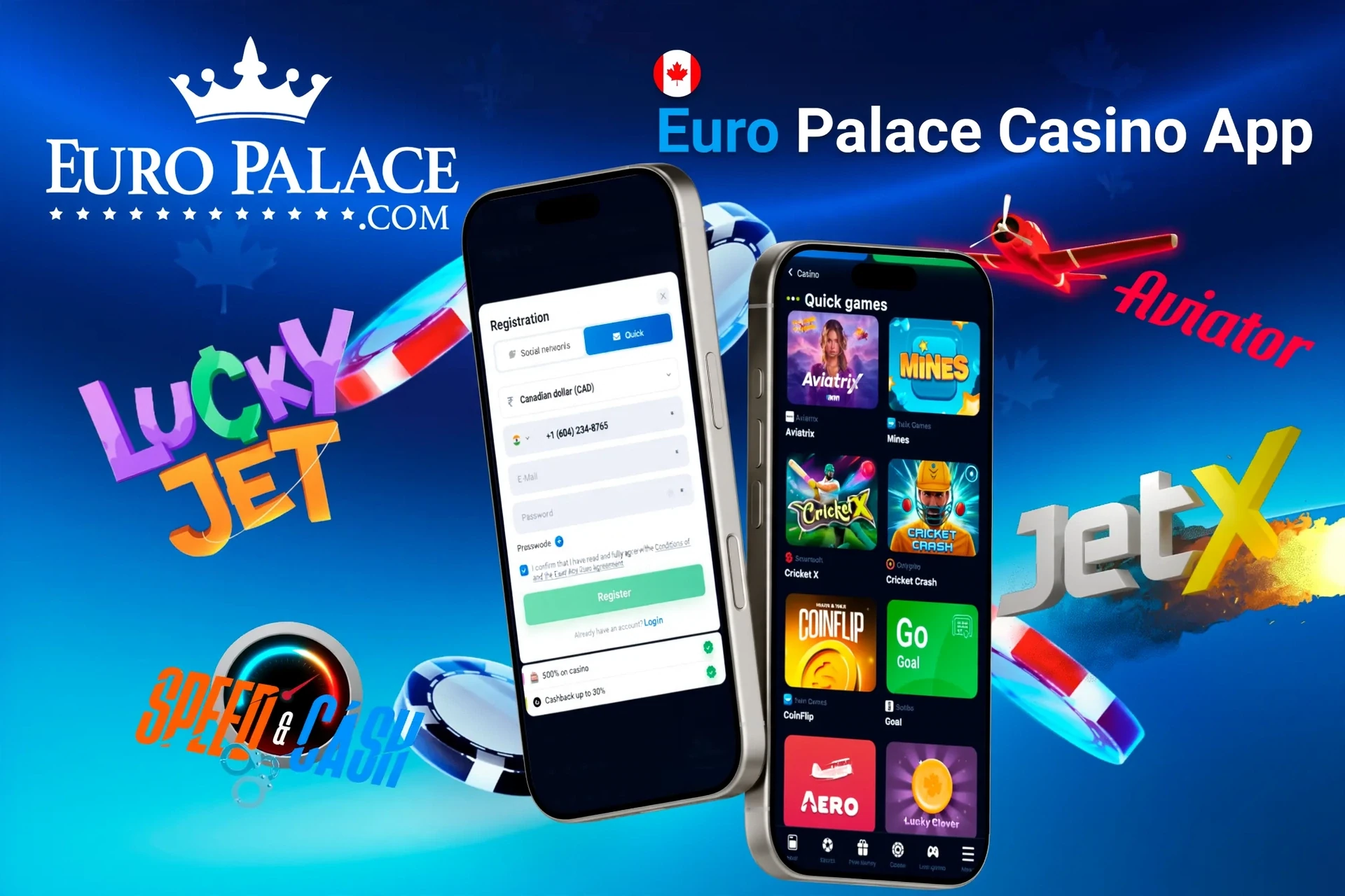 Euro Palace Casino app registration screen with quick games like Aviatrix and JetX