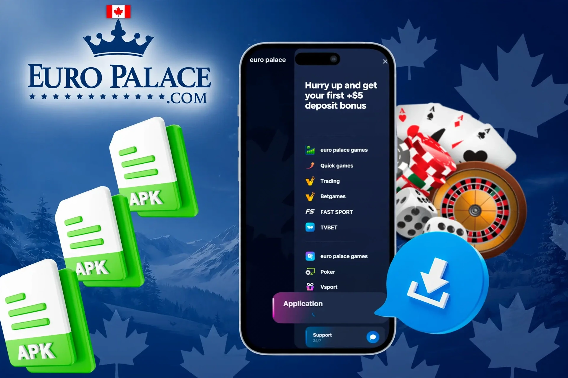 Euro Palace Casino app with APK file icons and casino chips illustrating mobile access to Euro Palace Casino games