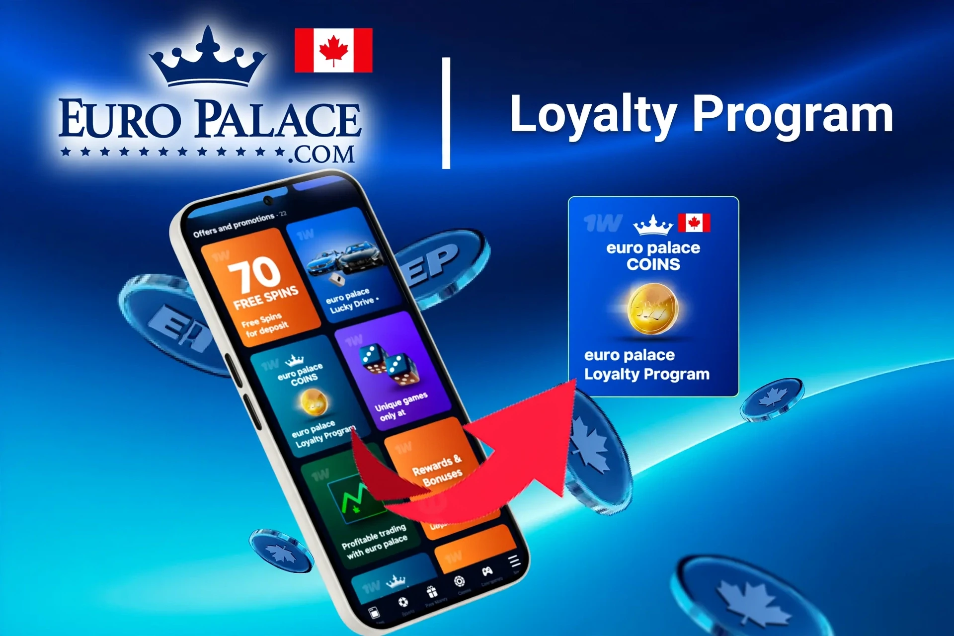 Mobile app showing Euro Palace Casino loyalty program and offers like free spins and Lucky Drive.