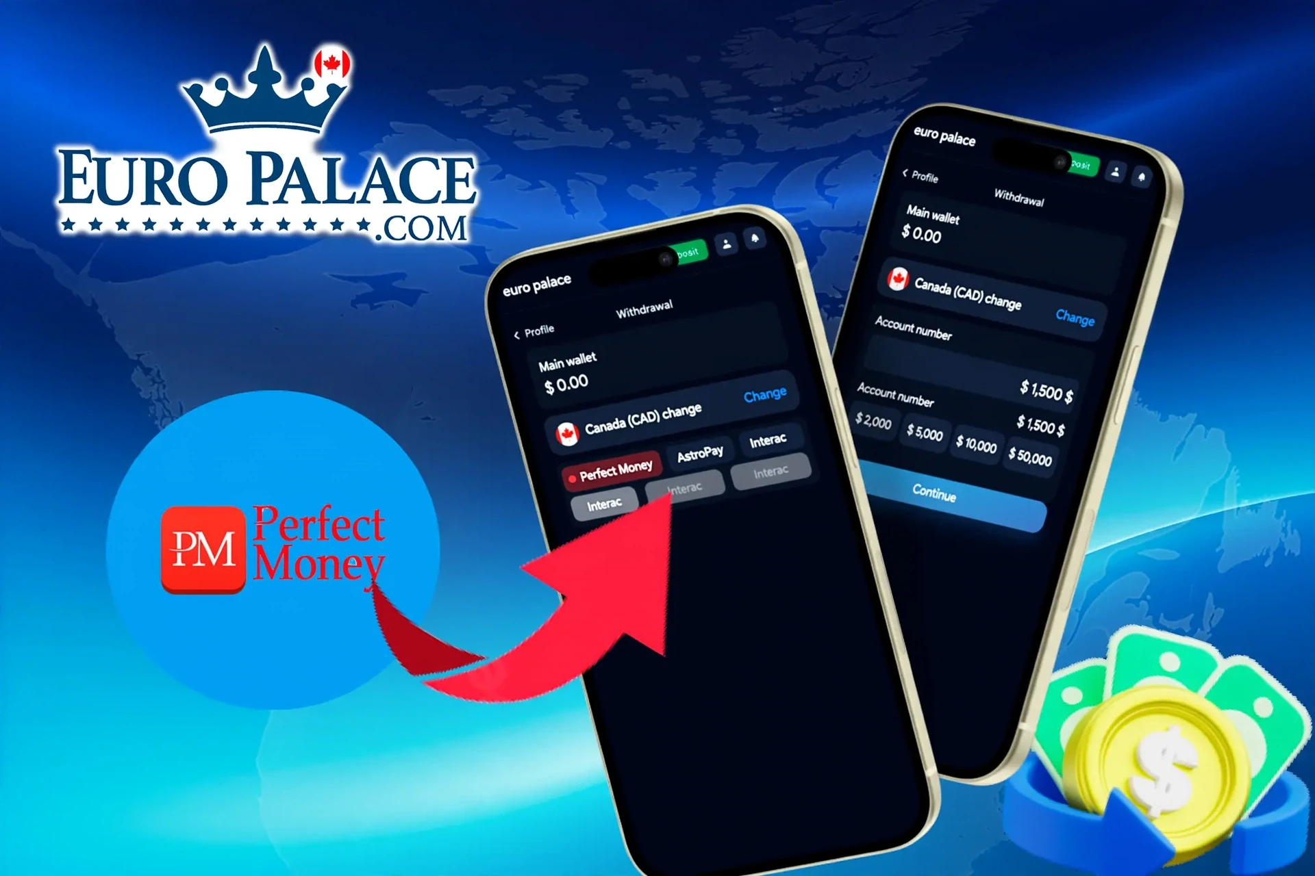 withdrawal options, featuring Perfect Money, AstroPay, and other wallet services, shown on a mobile interface