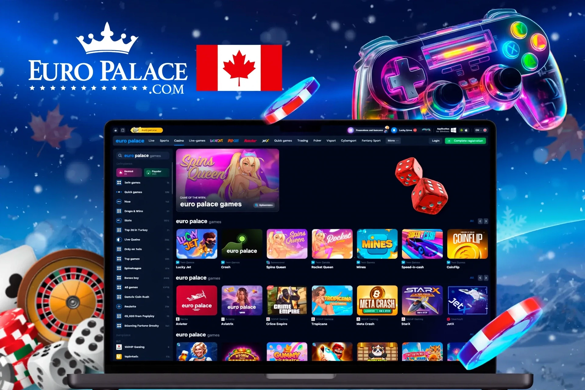 app interface showing a variety of games like Spins Queen, Crash, and Rocket Queen with a vibrant game controller icon
