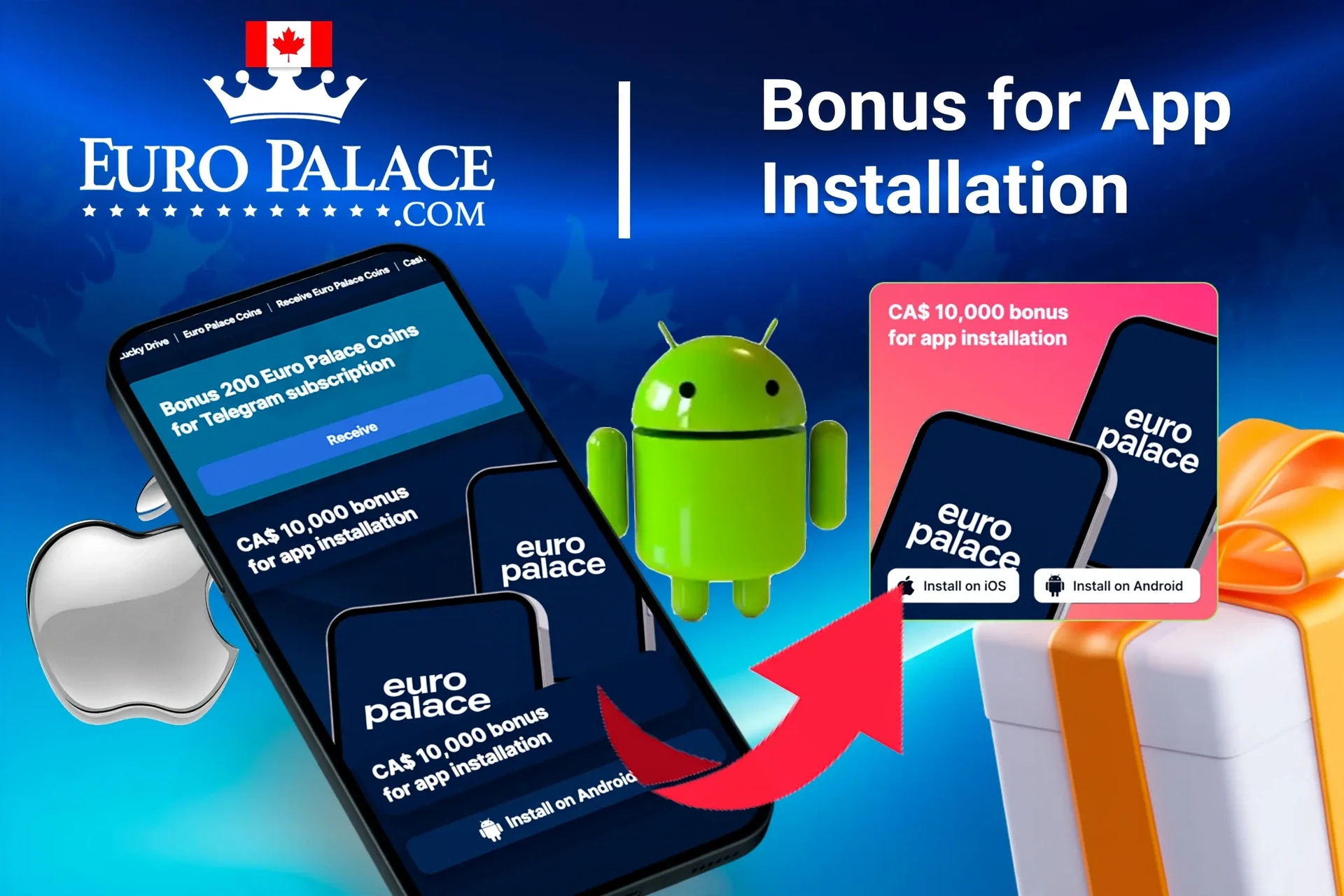 1Win bonus offer for app installation on mobile with Android and Apple logos, and gift boxes