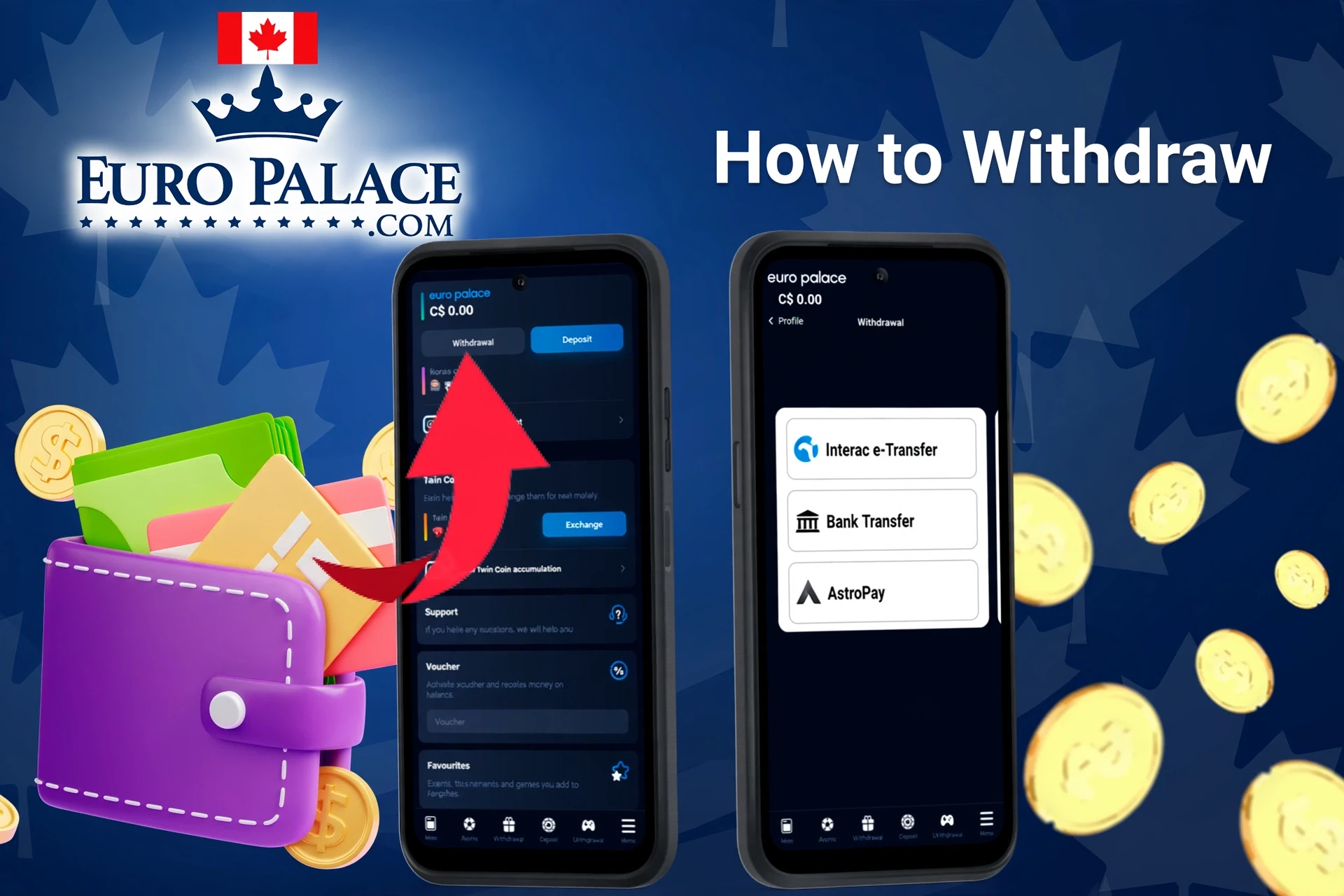 mobile interface showing withdrawal process with an arrow pointing to withdrawal options and available wallet balance