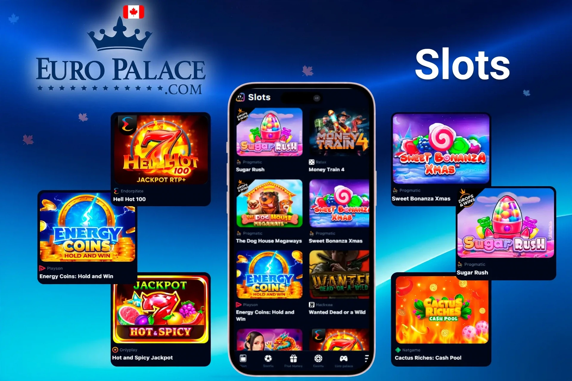 Slot titles such as Sugar Rush, Energy Coins, and Hell Hot 100 showcased on mobile and desktop at Euro Palace Casino