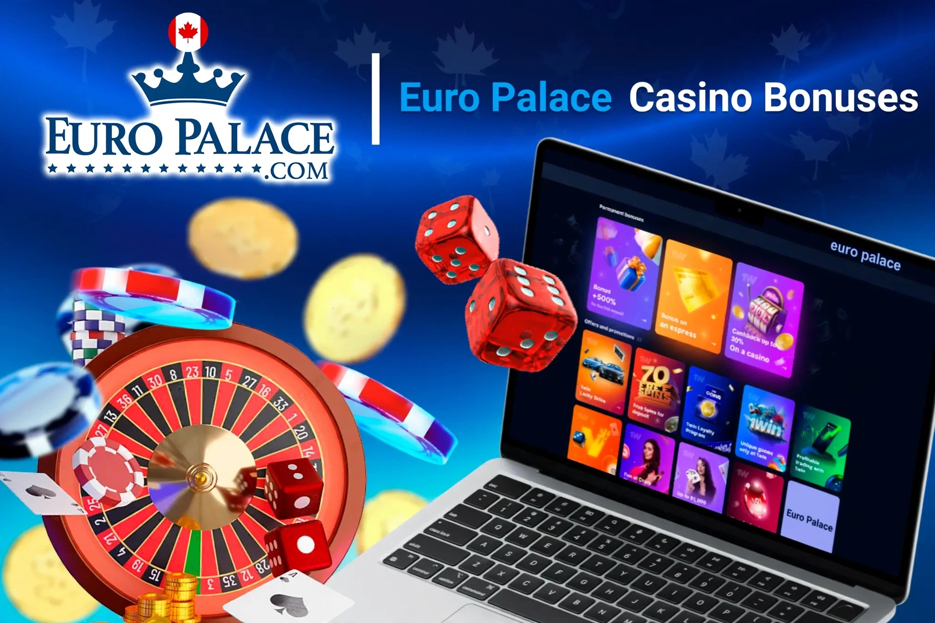 Laptop screen showing various 1Win casino bonuses with roulette, dice, and poker chips