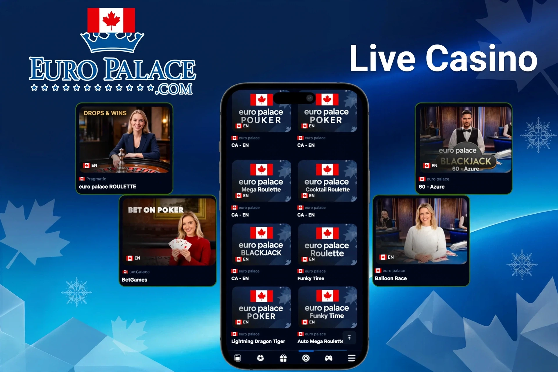 Live dealer tables and interactive game shows available on mobile and desktop at Euro Palace Casino