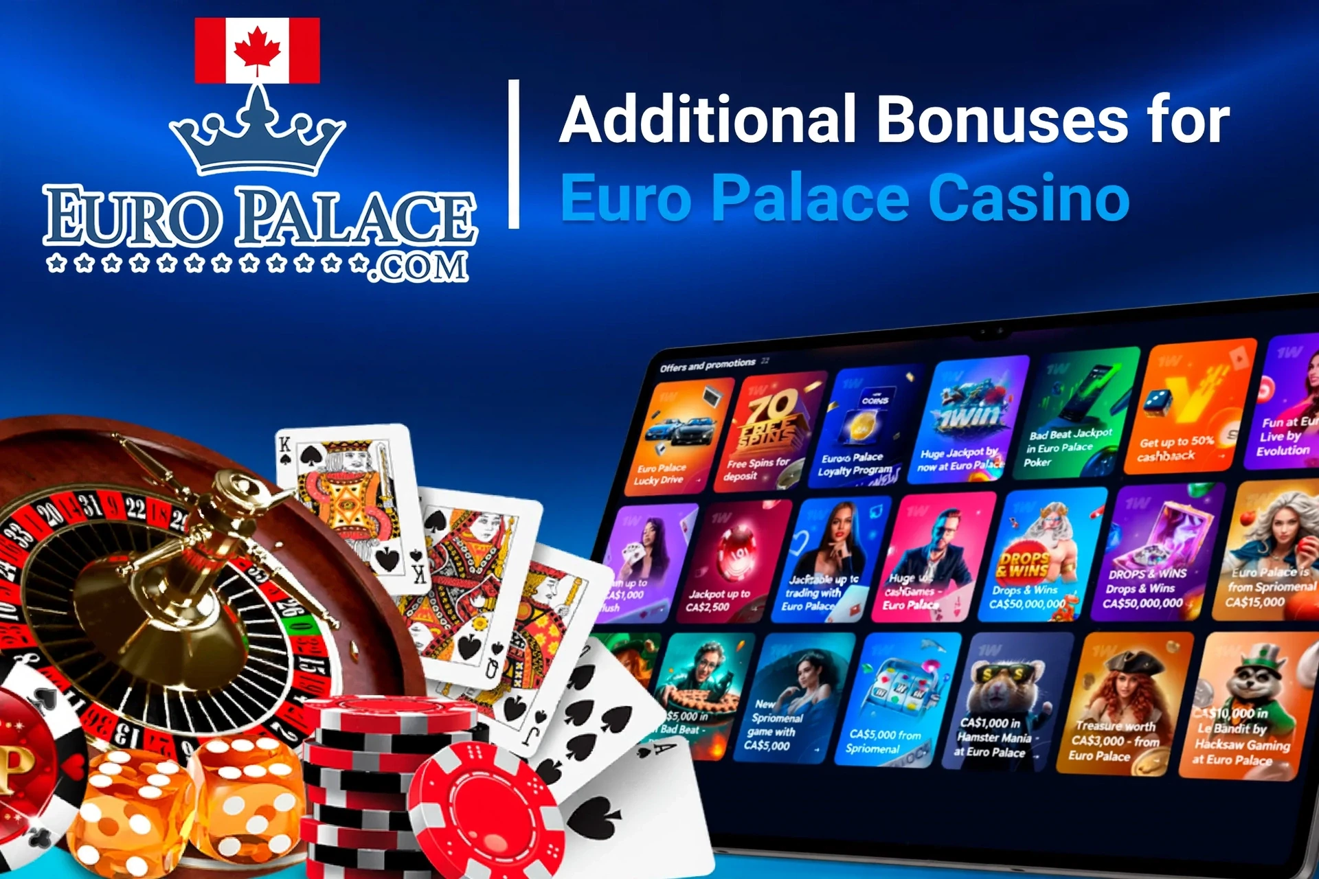 Mobile app showing casino game offers like loyalty program and free spins with poker chips and cards