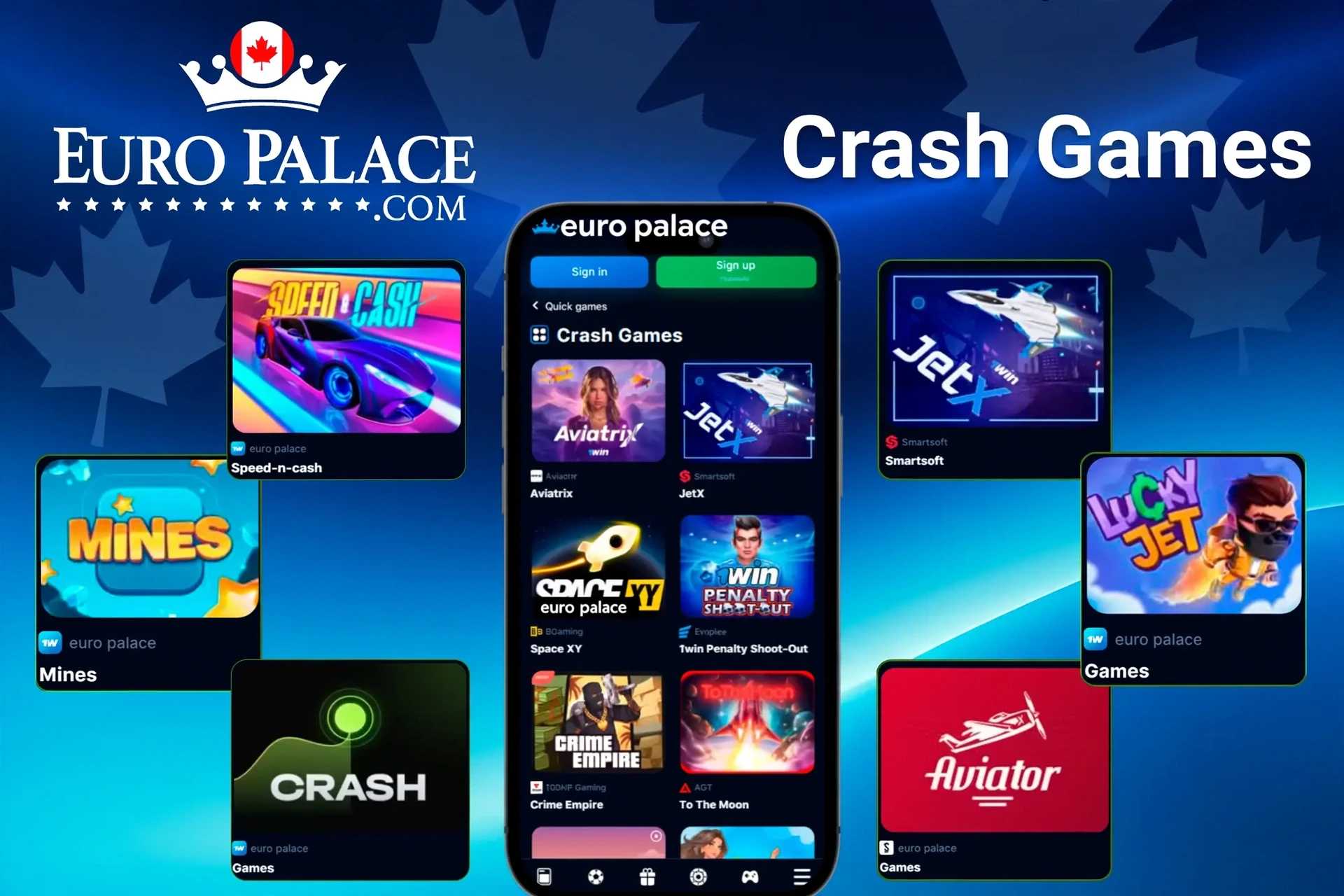 Crash games like Mines, Speed-n-cash, JetX, and Lucky Jet shown on Euro Palace Casino's mobile interface