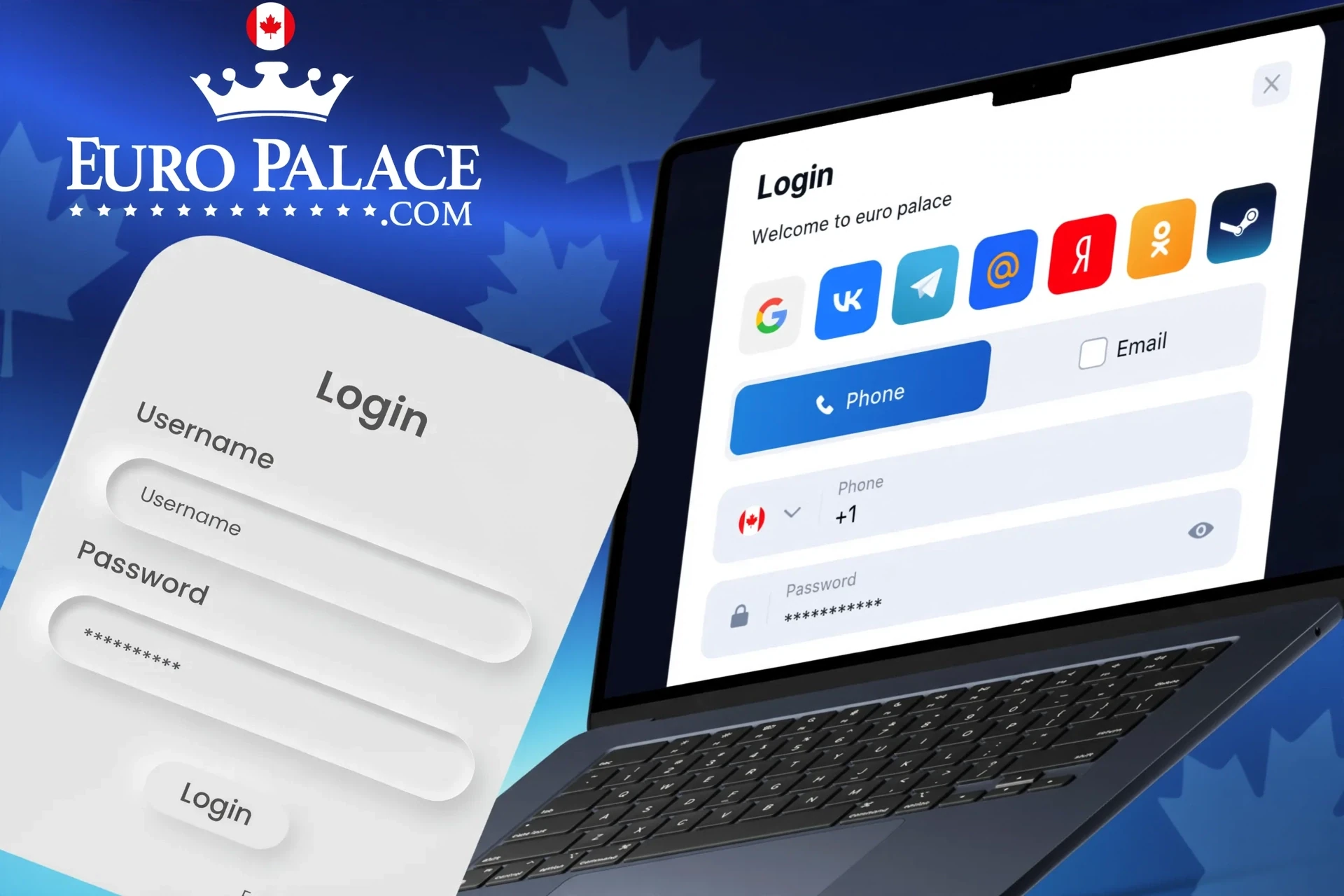 Description of actions to log in to your Euro Palace Casino account via the website or mobile application