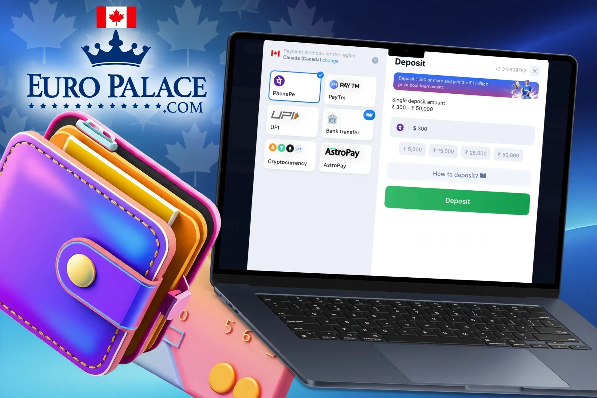 Detailed instructions for making the first deposit in your Euro Palace Casino account
