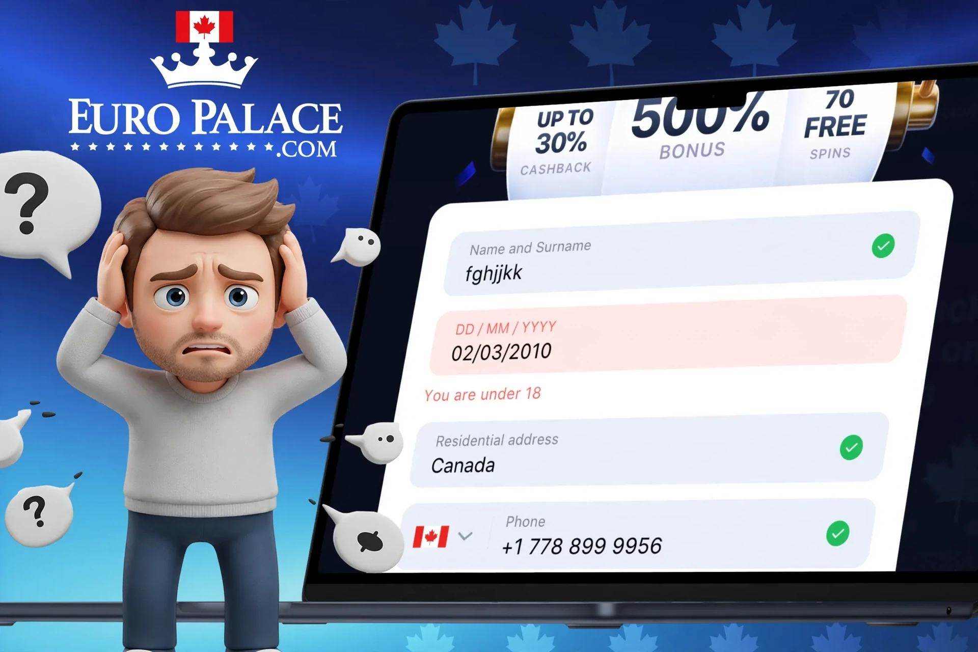 Description of possible difficulties when registering at Euro Palace Casino